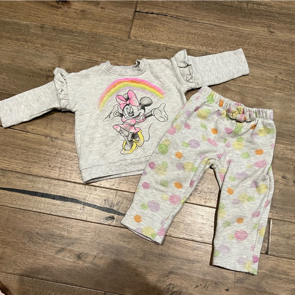 12 month Disney Baby Minnie Mouse rainbow and dot sweatshirt and pants set